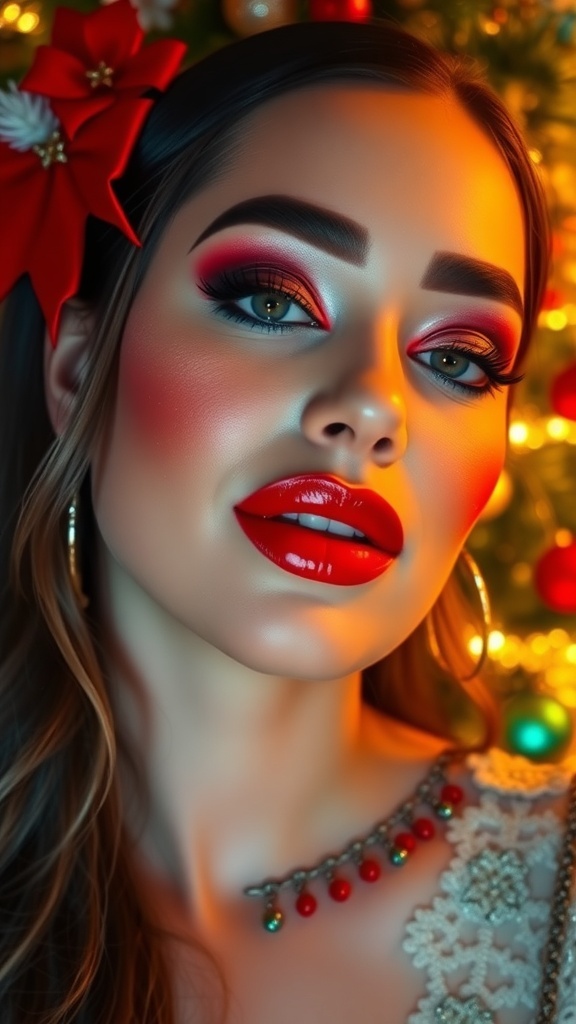 Festive Christmas makeup with red lips, green eyeshadow, and gold accents.